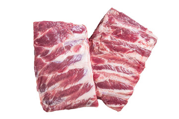 Rack of raw pork spare ribs.  Isolated, transparent background