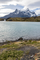 Lake and snowy mountains of Torres del Paine National Park in Chile, Patagonia, South America