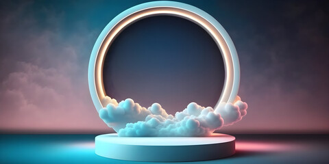 3d Podium display with white cloud and neon frame. Bright neon dreamy landscape. A stand for the promotion of cosmetics. Love step pedestal concept, 3d rendering. Created with Generative AI