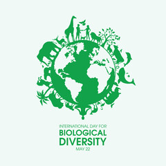 International Day for Biological Diversity vector illustration. Planet Earth with animals and humans green silhouette icon vector. Wildlife animals silhouette. Fauna and flora symbol. May 22 each year