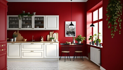 Scandinavian design kitchen, on royal red wall, 3d render, generative ai
