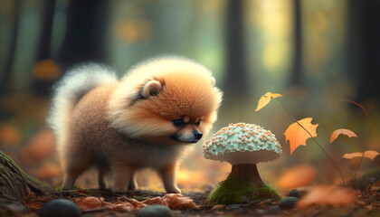 Curious Pomeranian Dog Sniffs Mushroom in the Forest