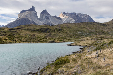 Lake and snowy mountains of Torres del Paine National Park in Chile, Patagonia, South America