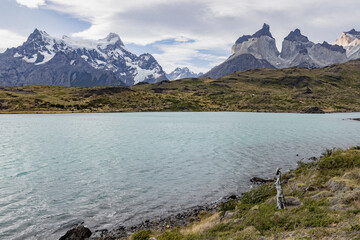 Lake and snowy mountains of Torres del Paine National Park in Chile, Patagonia, South America