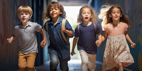 Four children of primary school running in the hallway - Generative AI