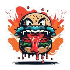 Crazy and angry hamburger. Funny and cheerful colorful vector illustration of a hamburger. Dynamics and energy. Hamburger on a white background.