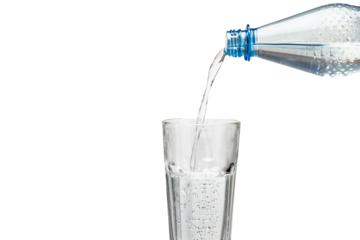 isolated bottle with water and drinking glass over transparent background