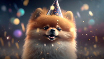 Obraz premium Pomeranian Pup Parties Hardy in Hat on Festive Occasion