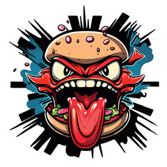 Crazy and angry hamburger. Funny and cheerful colorful vector illustration of a hamburger. Dynamics and energy. Hamburger on a white background.