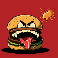 Crazy and angry hamburger. Funny cartoon, cheerful colorful vector illustration of a hamburger. Dynamics and energy. Hamburger on a red background.
