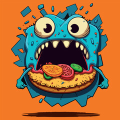 Crazy and angry hamburger. Funny cartoon, cheerful colorful vector illustration of a hamburger. Dynamics and energy. Hamburger on a orange background.