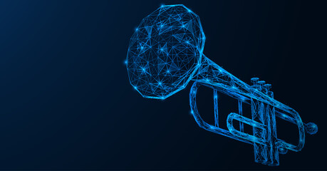 Trumpet, wind musical instrument. Low-poly design of interconnected lines and dots. Blue background. © Ilya