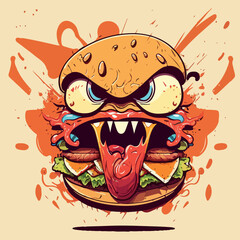 Crazy and angry hamburger. Funny cartoon, cheerful colorful vector illustration of a hamburger. Dynamics and energy.