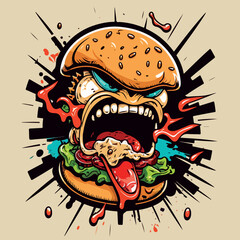 Crazy and angry hamburger. Funny cartoon, cheerful colorful vector illustration of a hamburger. Dynamics and energy.