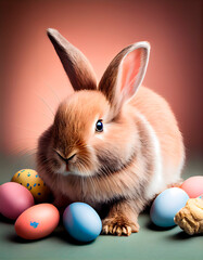 Fototapeta na wymiar Easter rabbit around which there are many bright colored painted eggs, spring holiday, cute bunny, animal, fluffy friend, long ears, on a white background, studio photo, color background, bright image