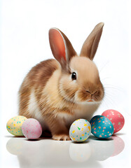 Easter rabbit around which there are many bright colored painted eggs, spring holiday, cute bunny, animal, fluffy friend, long ears, on a white background, studio photo, color background, bright image