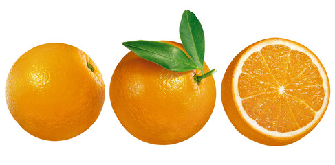 laranja inteira, laranja com folha e laranja cortada em fundo transparente