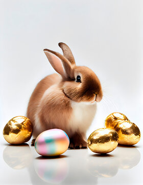 Easter rabbit around which there are many bright colored painted eggs, spring holiday, cute bunny, animal, fluffy friend, long ears, on a white background, studio photo, color background, bright image