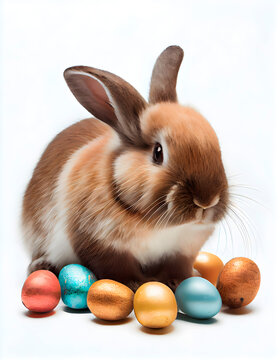 Easter rabbit around which there are many bright colored painted eggs, spring holiday, cute bunny, animal, fluffy friend, long ears, on a white background, studio photo, color background, bright image