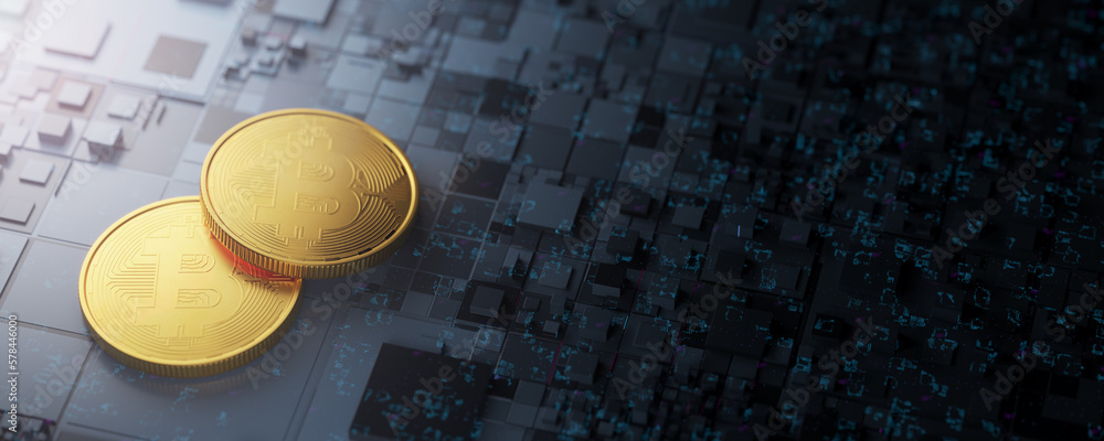 Poster wide banner with bitcoin. copy space for your design. bitcoin cryptocurrency trading concept. gold c