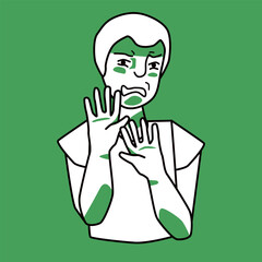 Boy with disgust emotion, green and white.