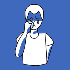 Sad boy, emotion of melancholy, blue and white.