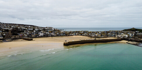 St. Ives, Cornwall, England February 5th 2023. View city on winter time from drone.