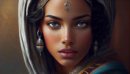 Brown-eyed North African Woman Close Up With Head Scarf. AI generated illustration.