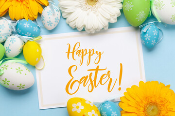 Easter greeting card with flowers and easter eggs