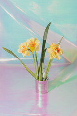 Flowers on a holographic background. Soft focus.