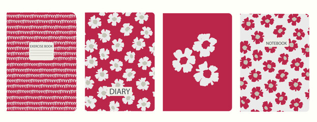 Set of cover page templates based on grid seamless patterns, spiral lines, flower pattern, pantone 2023. Plaid backgrounds for school notebooks, diaries. Headers isolated and replaceable
