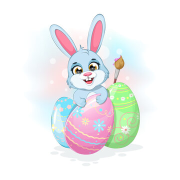 A cute cartoon bunny with Easter eggs and paint brush