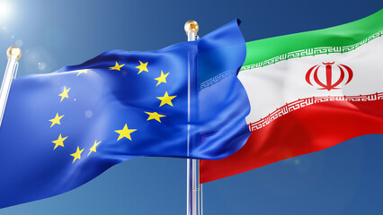 European Union and iran flags waving in the wind against a blue sky. eu, iranian national symbols 3d rendering