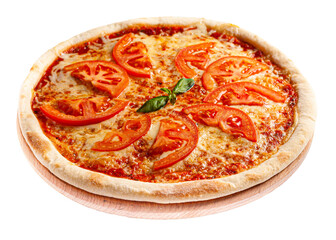 Appetizing pizza on the board on the side view on a transparent background. The background is cut out.