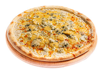 Appetizing pizza on the board on the side view on a transparent background. The background is cut out.
