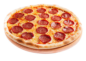 Appetizing pizza on the board on the side view on a transparent background. The background is cut...