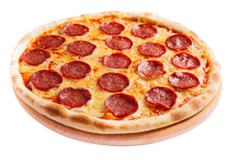 Appetizing pizza on the board on the side view on a transparent background. The background is cut out.