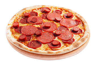 Appetizing pizza on the board on the side view on a transparent background. The background is cut out.
