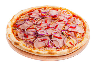 Appetizing pizza on the board on the side view on a transparent background. The background is cut out.