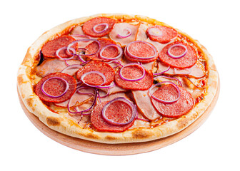 Appetizing pizza on the board on the side view on a transparent background. The background is cut out.