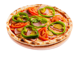 Appetizing pizza on the board on the side view on a transparent background. The background is cut...