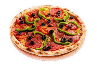 Appetizing pizza on the board on the side view on a transparent background. The background is cut out.