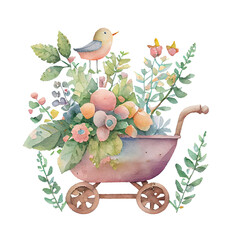 Wheelbarrow, baby stroller-like, with flowers, nursery art, watercolor illustration, generative AI