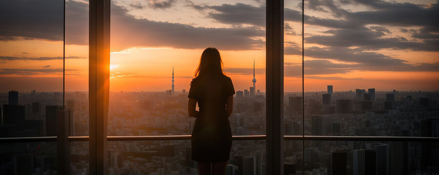 Business Woman Looking At The City From The Window Of A Skyscraper At Sunset Generative AI