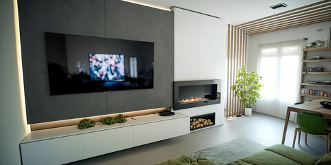 Fototapeta na wymiar TV living room with cement wall LED strips wall-mounted - Generative AI