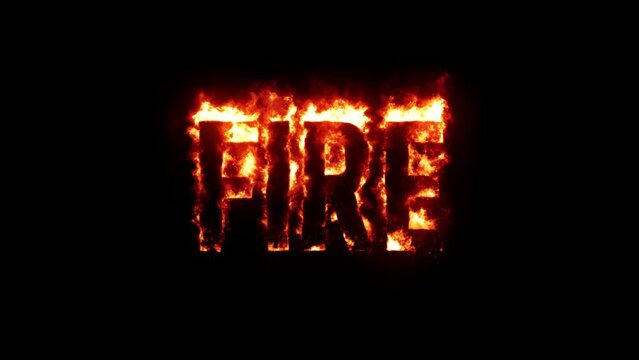Word fire burning in flames over black background. Realistic fire. Seamless loop. 