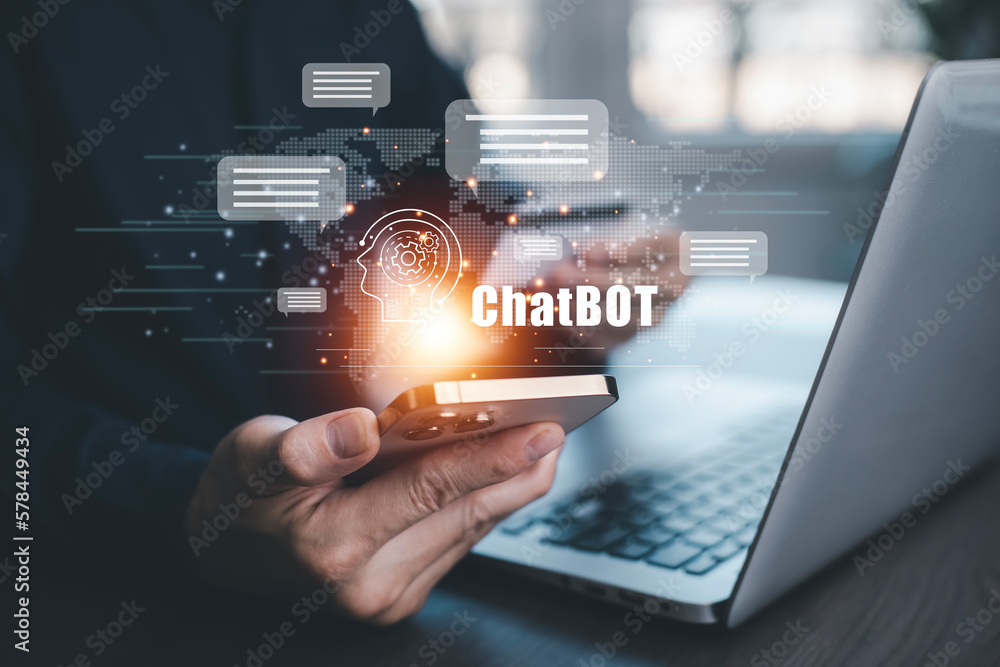 Aufkleber businessman hold laptop and touch chat bot chat with ai, artificial intelligence, system artificial 