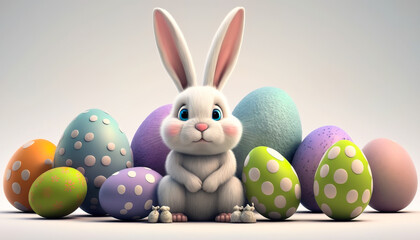 Easter Joy: Bunny with Colorful Easter Eggs on Seasonal Background- ai generated.