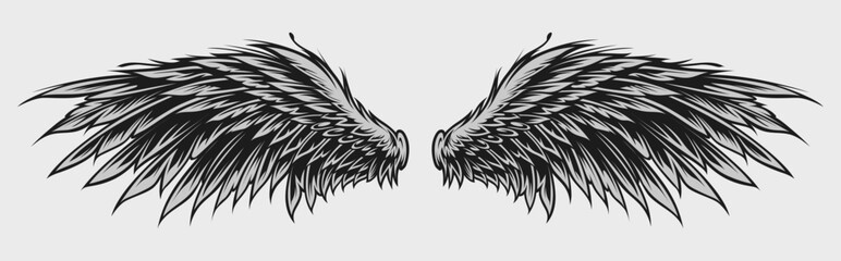 Obraz premium Wings Illustration in tattoo style isolated hand drawn. Design element for any purpose such as card, emblem, sign, badge, poster, flyer, t-shirt, and sticker. Vector illustration