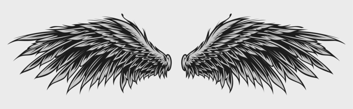 Wings Illustration in tattoo style isolated hand drawn. Design element for any purpose such as card, emblem, sign, badge, poster, flyer, t-shirt, and sticker. Vector illustration